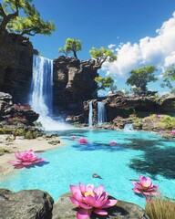 Cascading waterfalls meet calm pool dotted with pink flowers