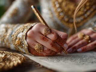 Elegant bride's hand adorned with intricate henna and gold rings gracefully writes a letter with a vintage pen, capturing tradition and romance.