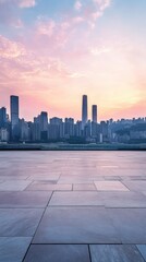 City skyline under a colorful sunset