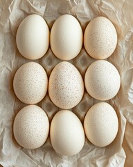Nine eggs in a cardboard carton on crumpled paper