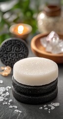 Round soaps stacked, light & dark, with spa elements