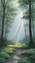 Fototapeta premium Discover the Tranquility of Nature: A Serene Forest Path Illuminated by Gentle Sunlight and Surrounded by Lush Greenery and Misty Fog, Perfect for Outdoor Exploration.