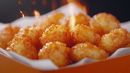 Fried potato bites gleam, flame flickers in dim backdrop