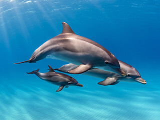 Two dolphins swimming together in clear blue ocean water with sun rays