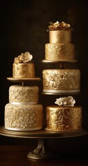 Golden tiered cakes with floral textures on a pedestal stand