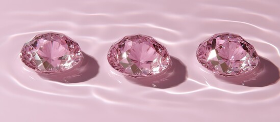 Three pink gems on rippled pink surface, casting shadows