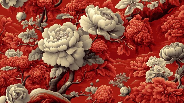 This pattern embodies the essence of vintage French floral toile, boasting intricate floral motifs, scenic designs, and a captivating mix of French, vintage, floral, and toile features
