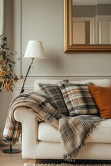 Cozy living room decor, inviting sofa, warm lighting, plaid