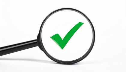 Magnifying glass with green checkmark symbol in lens. Verification and authenticity.