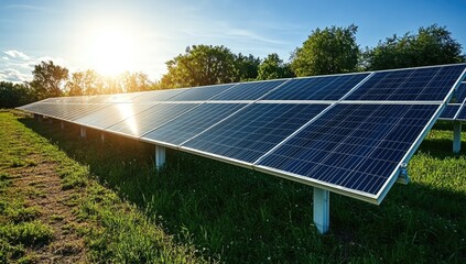 Rows of solar panels gleam in a grassy field under sunlight