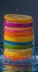 Stacked rainbow citrus slices, water splash on blue