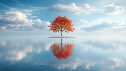 Autumnal tree on isle; mirrored in tranquil waters