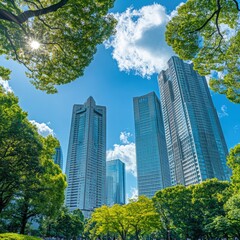 Skyscrapers seen through green trees, sunny, blue sky