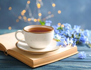 Enjoy a moment of tranquility with a warm tea and a good book, surrounded by delicate blue flowers and a calming, cozy atmosphere for ultimate relaxation