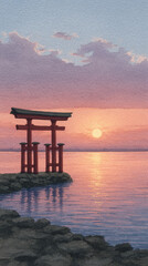 Breathtaking Sunset View of a Traditional Japanese Torii Gate Surrounded by Serene Waters: A Perfect Blend of Architecture and Nature's Beauty