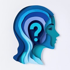 Layered head, blue tones, question mark inside, introspective