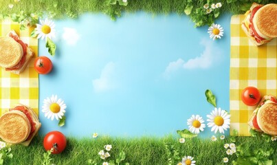 Picnic scene with burgers, grass, and daisies