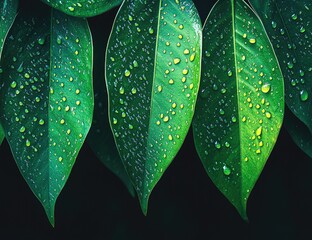 Water droplets on vibrant green leaves, dark background