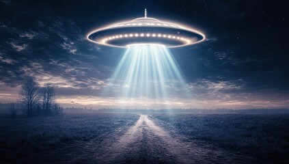 UFO hovering, beaming light over a field
