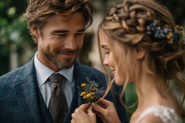 Groom lovingly admires bride's bouquet as they share a tender, intimate moment on their special wedding day, capturing pure romance and joy.