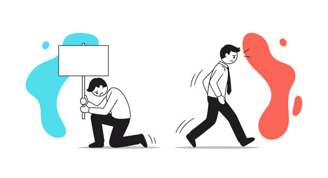 A businessperson holding a blank sign while another businessperson walks away feeling discouraged.