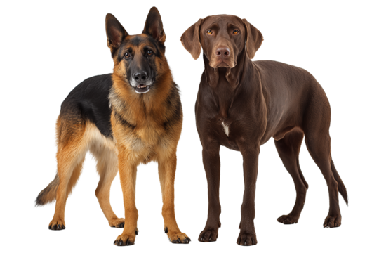 Two athletic dogs standing side by side, a shepherd and a hound, sleek glossy coats isolated on transparent background.
