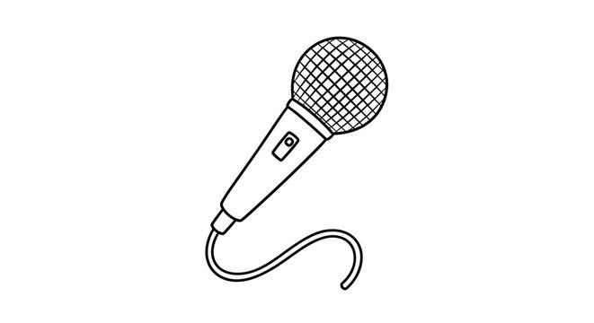 A simple black and white line drawing of a vintage microphone on a plain background.