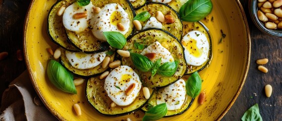 Delicious gourmet dish of fried eggplant with cheese and basil