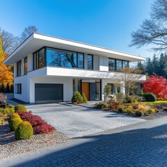 Modern white house, flat roof, large windows, autumn foliage