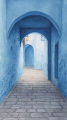 Obraz premium A Serene Blue Passageway: Exploring the Tranquil Charm of Historic Architecture Through Watercolor Inspiration