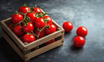Fresh tomatoes in wooden crate on dark surface
