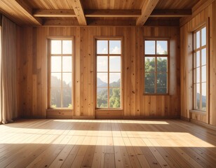 Wooden room with windows showing a beautiful nature view with sunlight