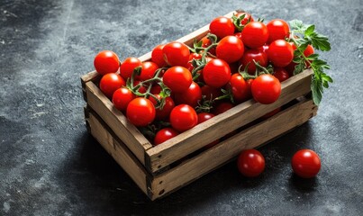 Fresh cherry tomatoes in a rustic wooden crate