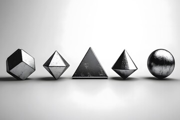 Metallic Geometric Shapes,  Cube, Octahedron, Triangle, Cone, Sphere 3D Render