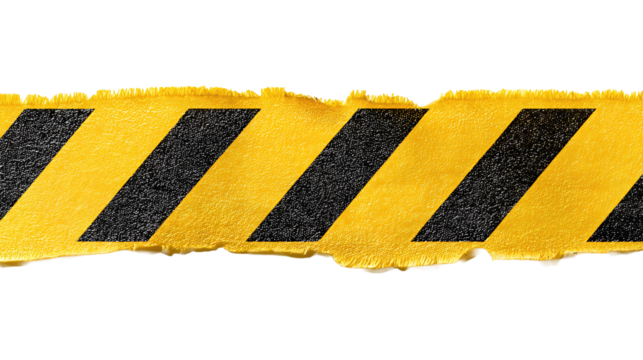 Matte yellow caution tape strip with torn fibers and soft diagonal fold isolated on transparent background.
