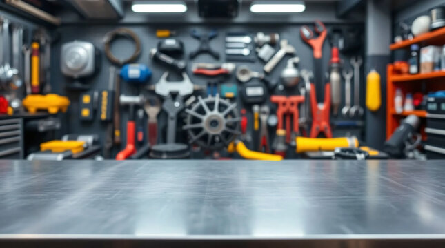 A metal blank tabletop with blurred automotive tools and parts in the background suitable for promoting automotive products