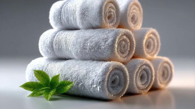 Plush white spa towels stacked invitingly with a fresh green leaf, evoking serene relaxation and luxurious self care moments.