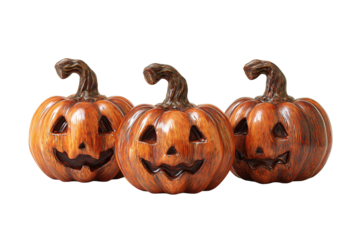 Three carved pumpkins in rich orange tones with unique faces and glossy finish isolated on transparent background.
