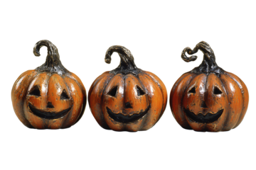 Three carved pumpkins in rich orange tones with unique faces and glossy finish isolated on transparent background.
