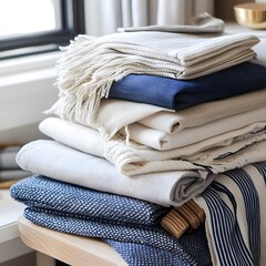 Stack of Cozy Neutral and Blue Blankets Textiles