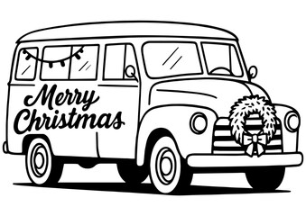 Vector school bus with wreath and Merry Christmas sign. Holiday black and white design for engrave, laser engrave, prints, festive art