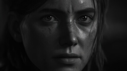 Fototapeta premium Dramatic black and white portrait of a persons face with intense expression