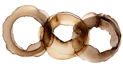 Three overlapping coffee ring stains with soft sepia edges forming a diagonal chain isolated on transparent background.
