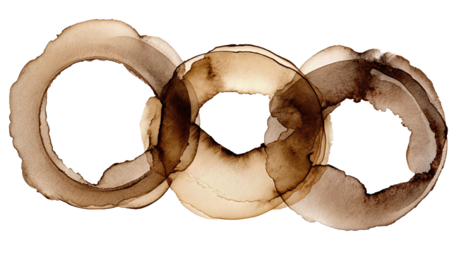 Three overlapping coffee ring stains with soft sepia edges forming a diagonal chain isolated on transparent background.
