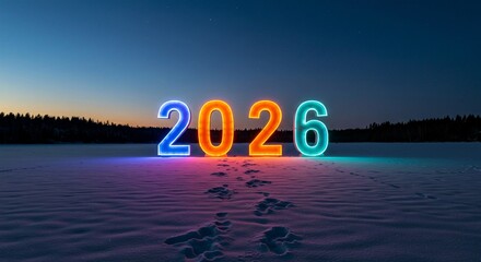 Four large, illuminated, multicolored marquee numbers spelling out 2026 stand in a snowy landscape under a twilight sky, with a set of footprints leading from the foreground directly up to the 