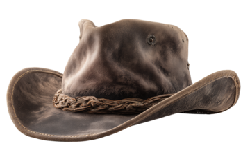 Old brown suede cowboy hat with curled brim and deep crown crease, isolated on transparent background.
