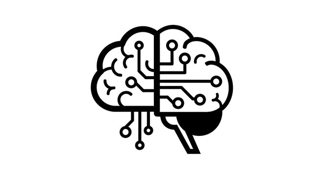 Black and white illustration of a brain merging with an electronic circuit board design