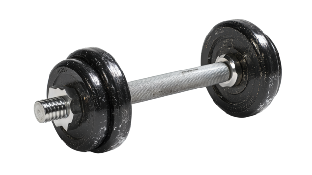 A steel barbell with knurled grip and black weight plates on each side, chalk marks visible, isolated on transparent background.