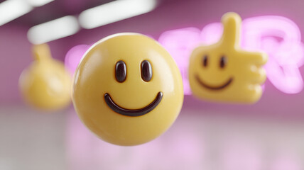 Floating smiley emojis in front of pink neon lights.