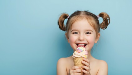 Little girl smiling while eating a delicious sweet ice cream cone in the summer sun